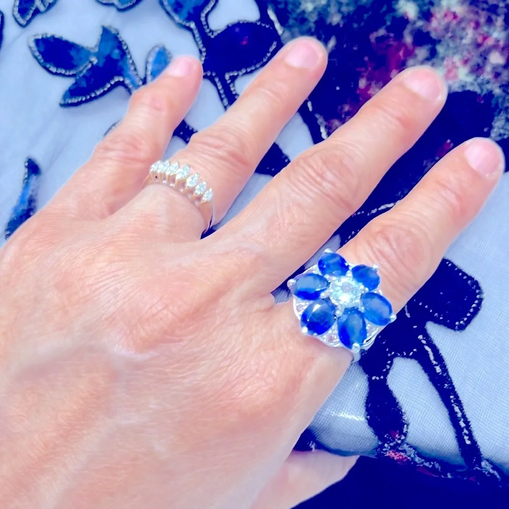 6x1.5ct Genuine Sapphire Aquamarine 14KGP Ring